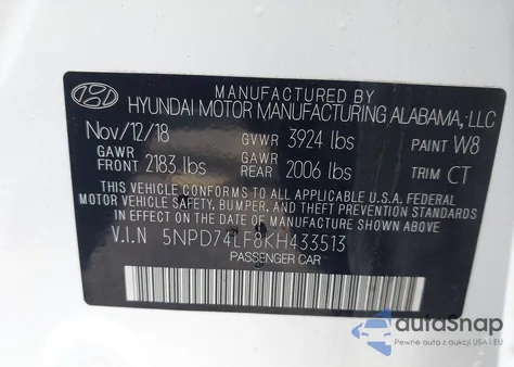 2019 Hyundai Elantra Se z USA, uszkodzony, nr VIN 5NPD74LF8KH433513